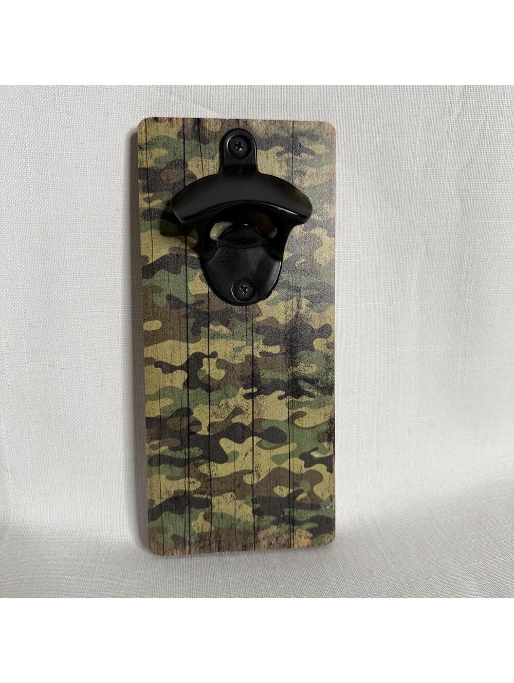 Wall Mounted Bottle Opener with Camo Wood Backing